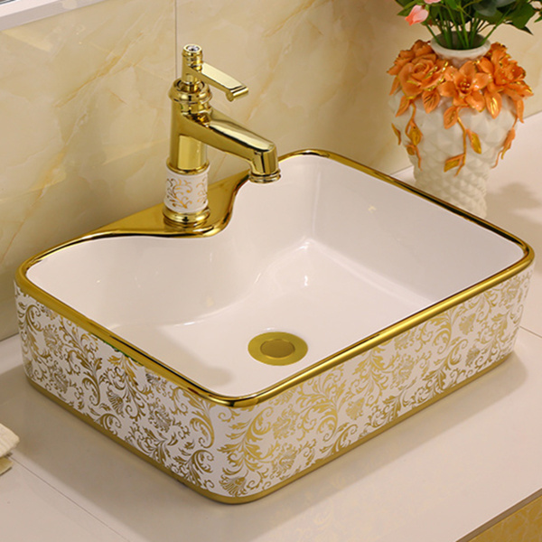 Luxury Sanitary Ware Table Top White Gold Washbasin Art Bathroom Sink Ceramic Golden Wash Basin