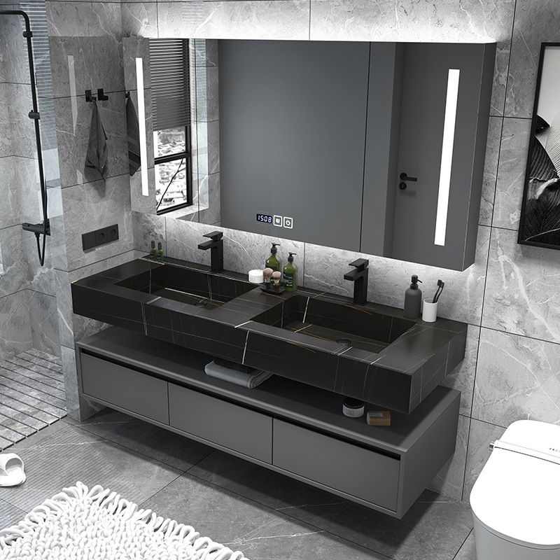 Luxury Wall Mounted Plywood Cabinets Slate Countertop Floating Bathroom Vanity With Double Sink