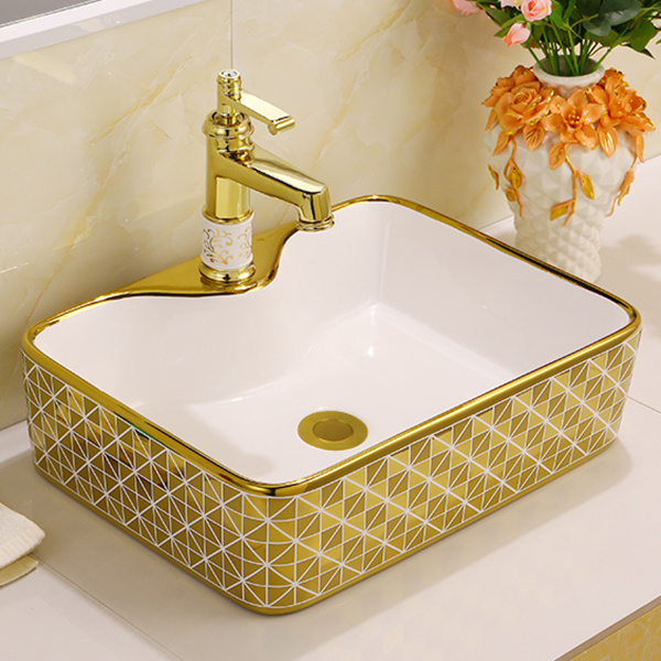 Luxury Sanitary Ware Table Top White Gold Washbasin Art Bathroom Sink Ceramic Golden Wash Basin