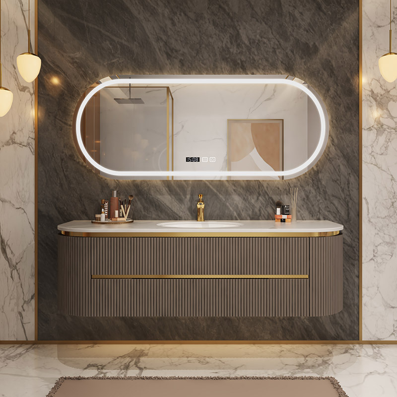 Custom Modern Luxury Curved Wall Mounted Cabinet Bathroom Vanity With Sink Smart Led Mirror