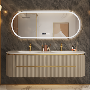 Custom Modern Luxury Curved Wall Mounted Cabinet Bathroom Vanity With Sink Smart Led Mirror