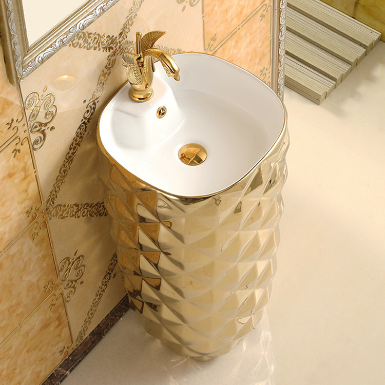 Luxury Royal Ceramic Porcelain Golden Bathroom Sink Gold Plated Pedestal Wash Basin