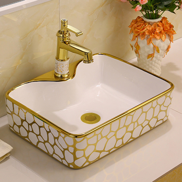 Luxury Sanitary Ware Table Top White Gold Washbasin Art Bathroom Sink Ceramic Golden Wash Basin