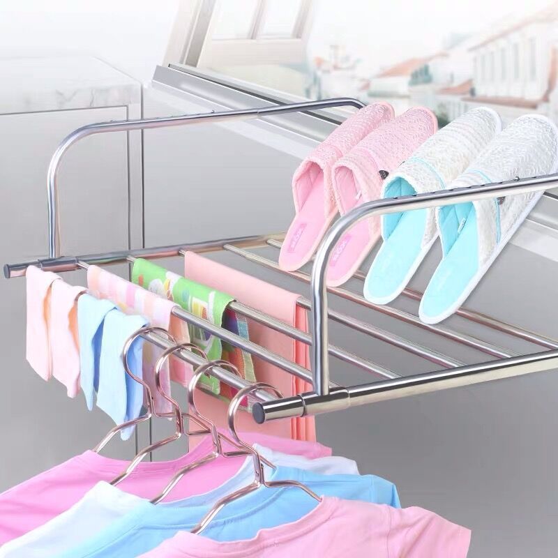 Stainless Steel Pipe Telescopic Clothes Rack Balcony Window Wall Mount Retractable Cloth Drying Rack