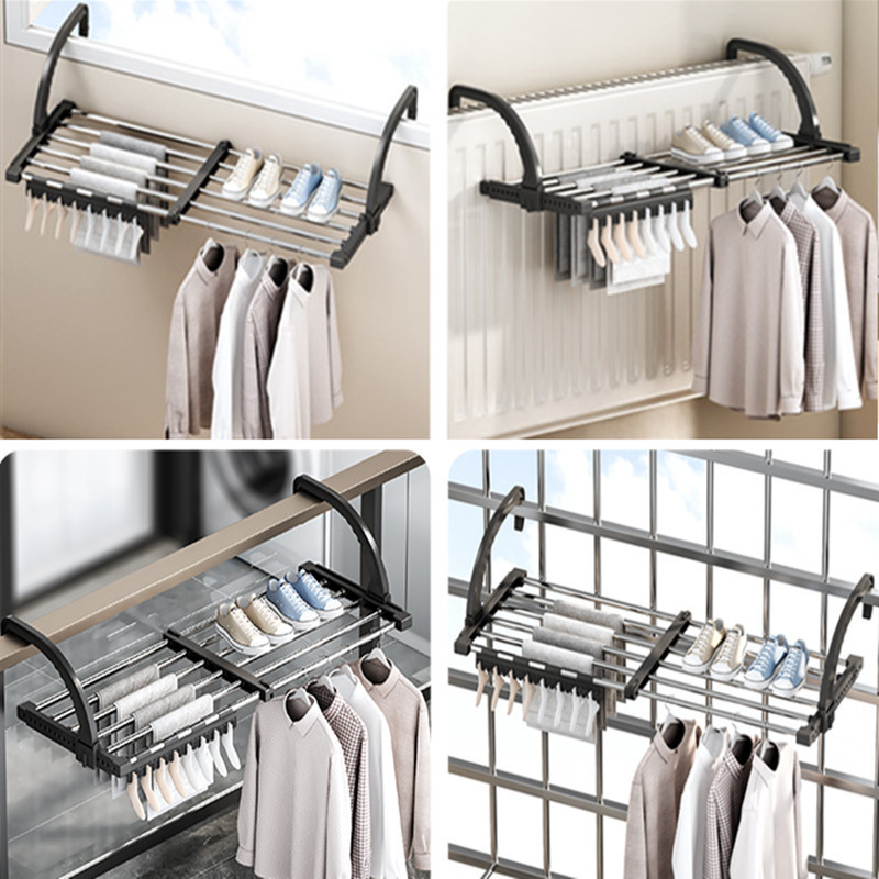 Outdoor Balcony Clothes Hangers Wholesale Telescopic Adjustable Length Drying Rack Folding Cloth Hanger Rack Drying