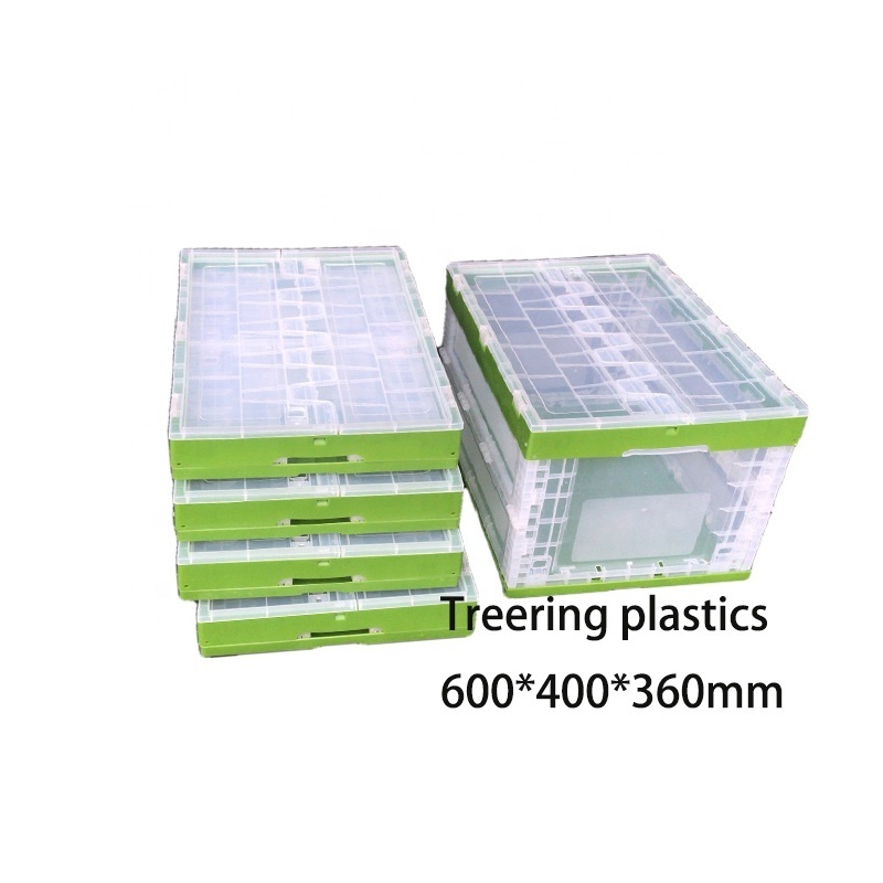 Green Color plastic collapsing folding crate with attached lids  ,size 600*400*360mm, Virgin PP material