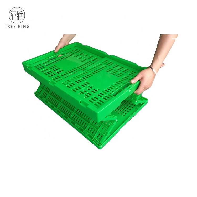 Green Color plastic collapsing folding crate with attached lids  ,size 600*400*360mm, Virgin PP material