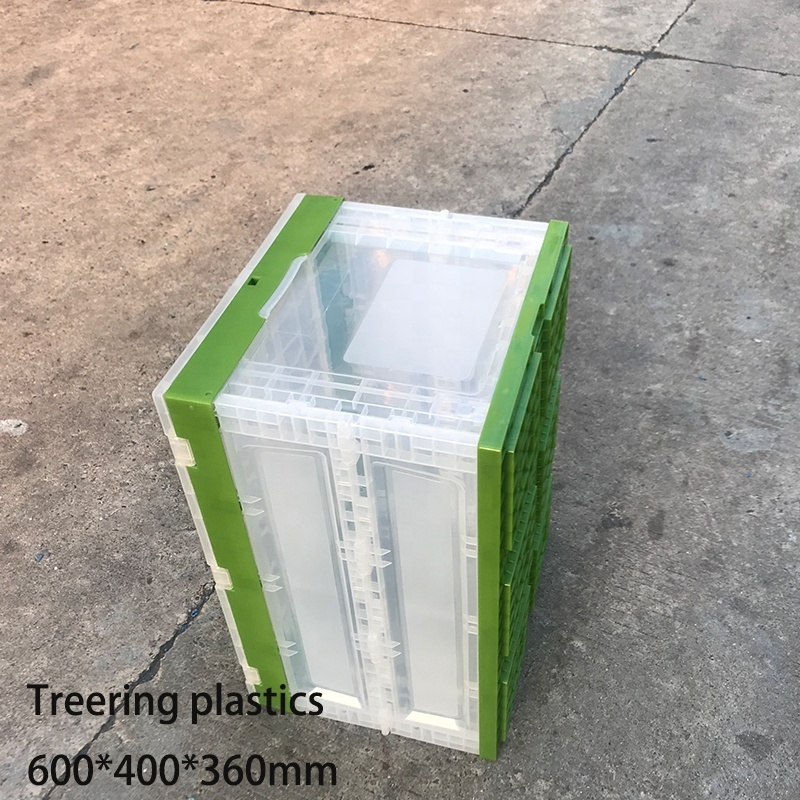 Green Color plastic collapsing folding crate with attached lids  ,size 600*400*360mm, Virgin PP material