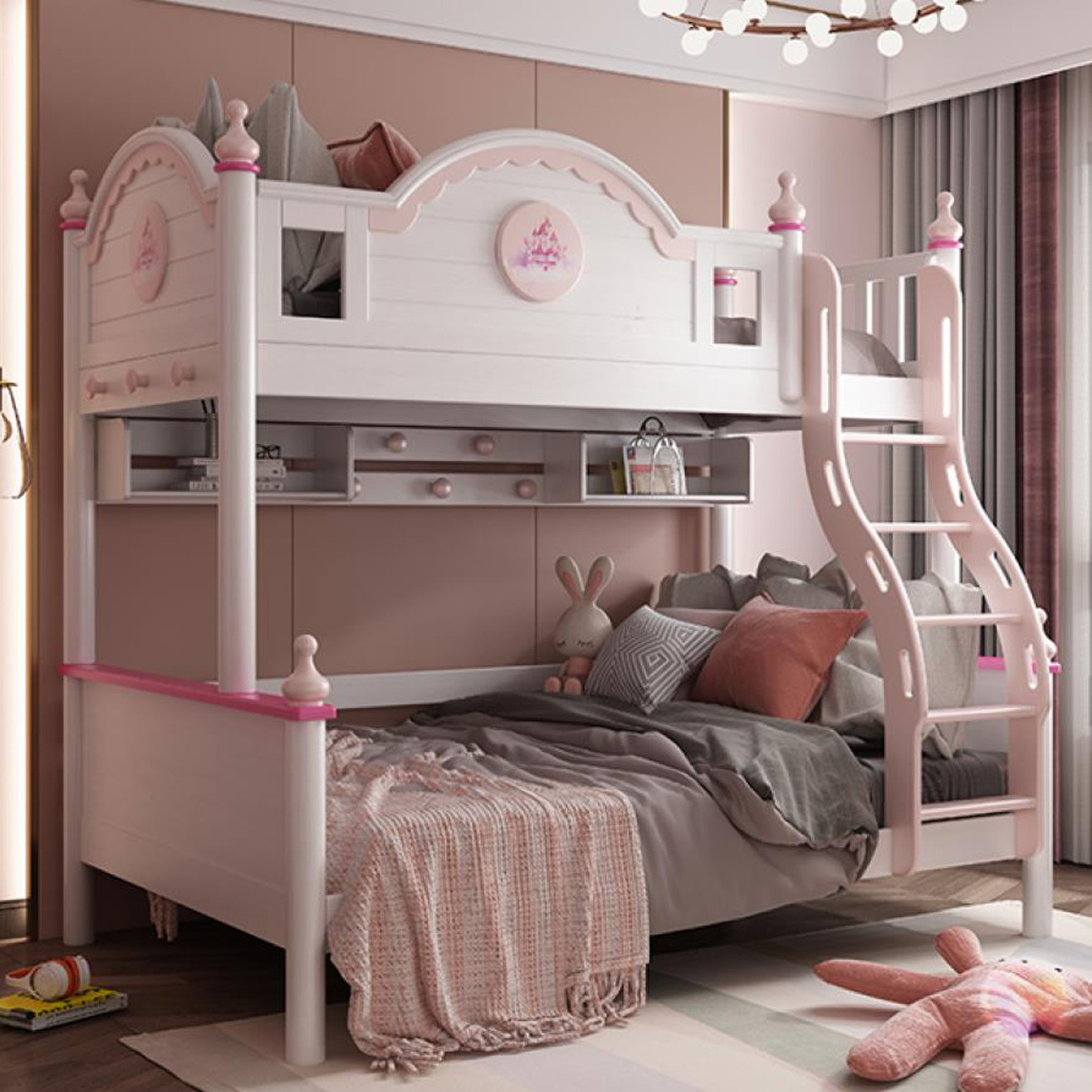 Princess Bunk bed with placement rack light pink girls bed children's bedroom furniture