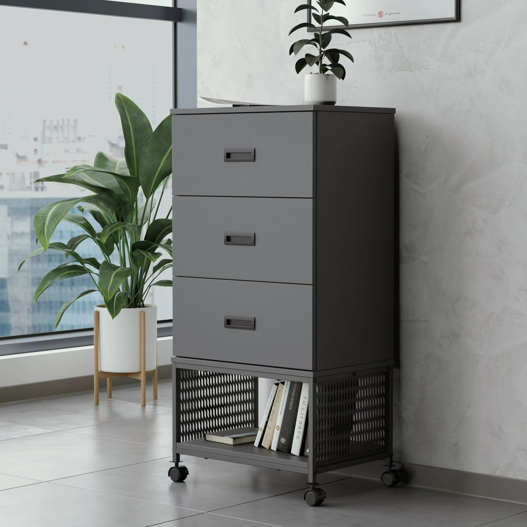 Movable Wooden Filing Cabinet With Wheels 3 Drawers Chest Dresser For Living Room Storage Cabinet