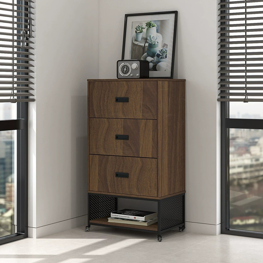 Movable Wooden Filing Cabinet With Wheels 3 Drawers Chest Dresser For Living Room Storage Cabinet