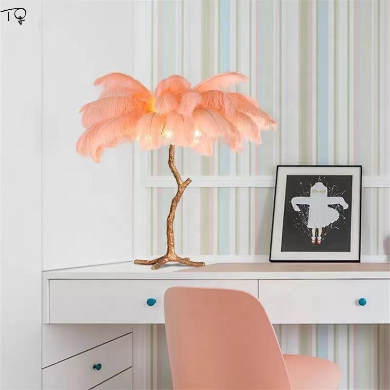 Copper Branch Standing Light Gallery Pink Ostrich Feather Table Lights Studio Decoration Living Room Table Lamp