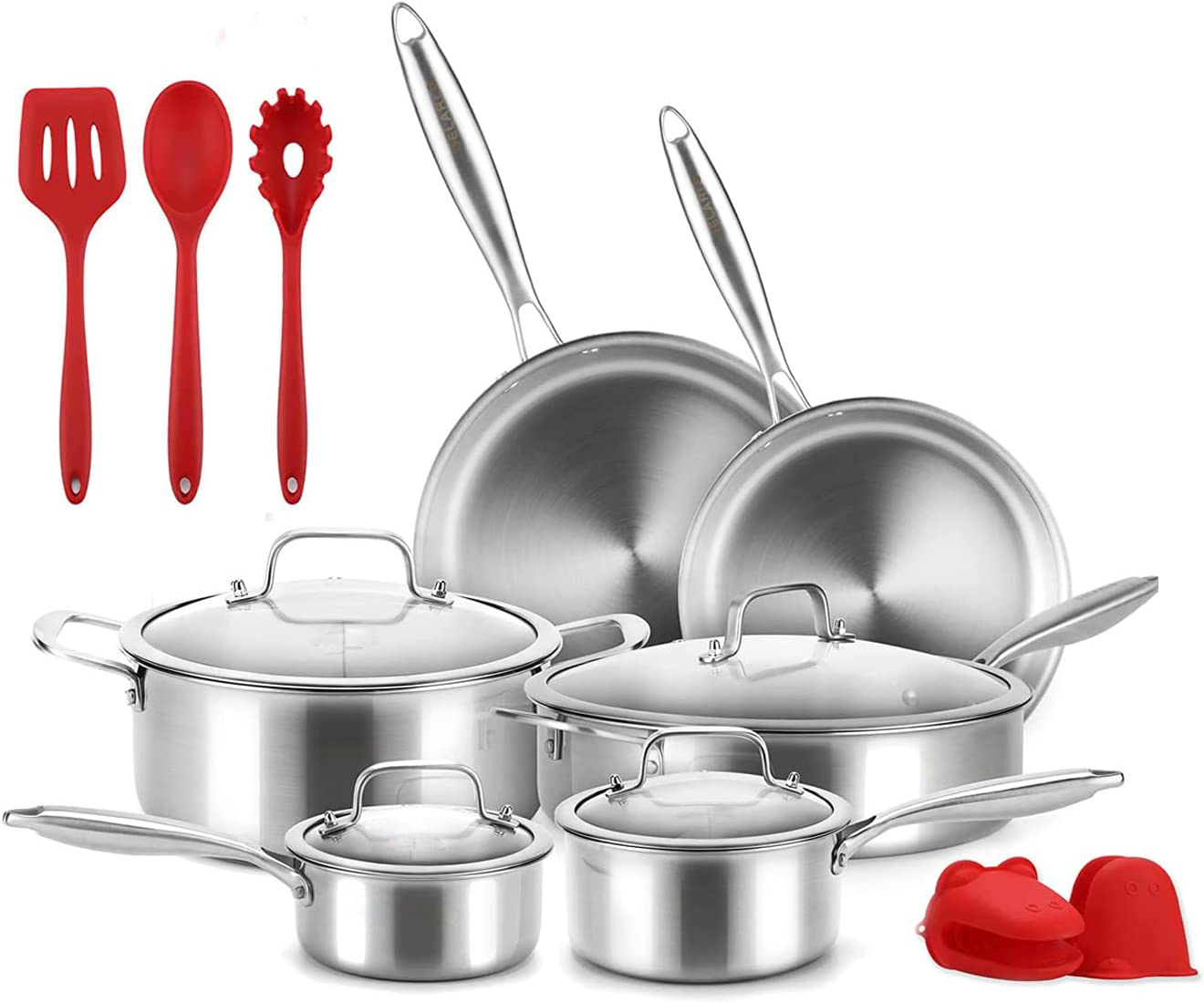 Hot Sale 3-Ply Stainless Steel Material 10pcs  Stainless Steel Cookware Sets Saute Pan and Stockpot and Frying Pan