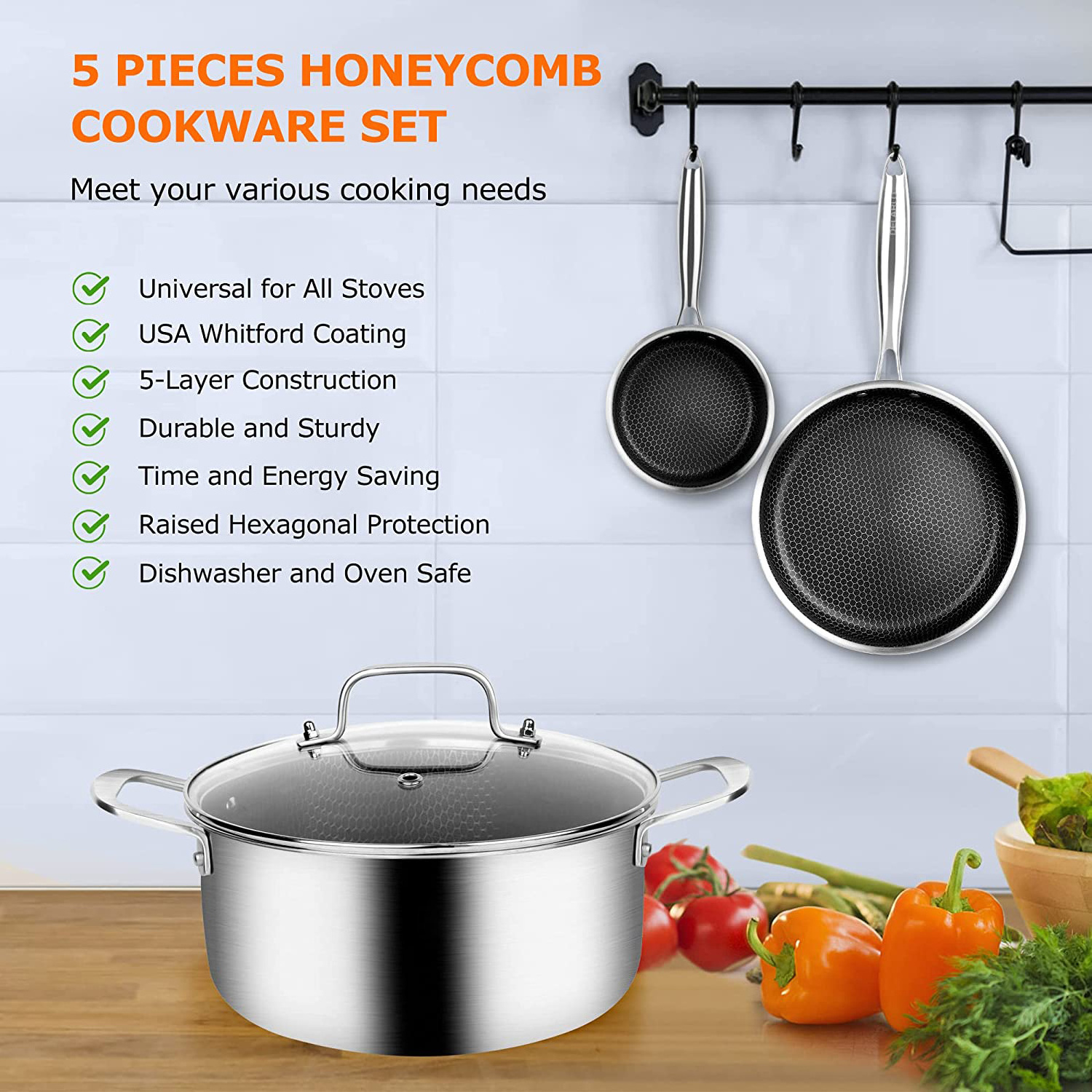 Hot Sale Honeycomb 5 PCS 3-Ply Stainless Steel Kitchenware Non Stick Cookware Stockpot Saute Pan Frying Pan & Skillet