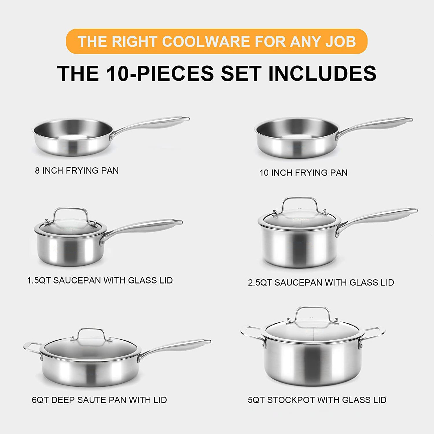 Hot Sale 3-Ply Stainless Steel Material 10pcs  Stainless Steel Cookware Sets Saute Pan and Stockpot and Frying Pan