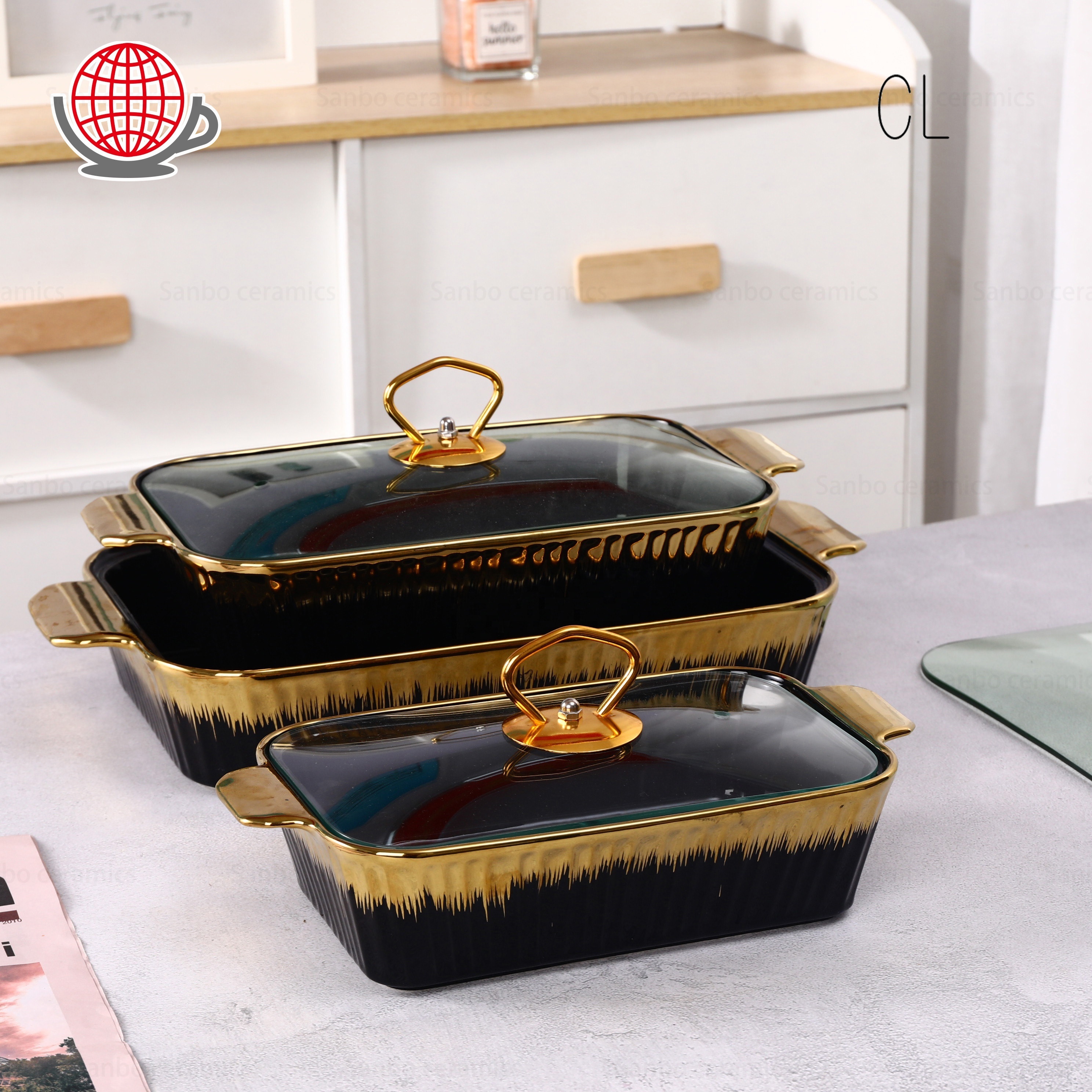 Factory Direct Selling Rectangular Bakeware Set Luxury Ceramic Chafing Dish Fine Casserole Baking Dish With Stand