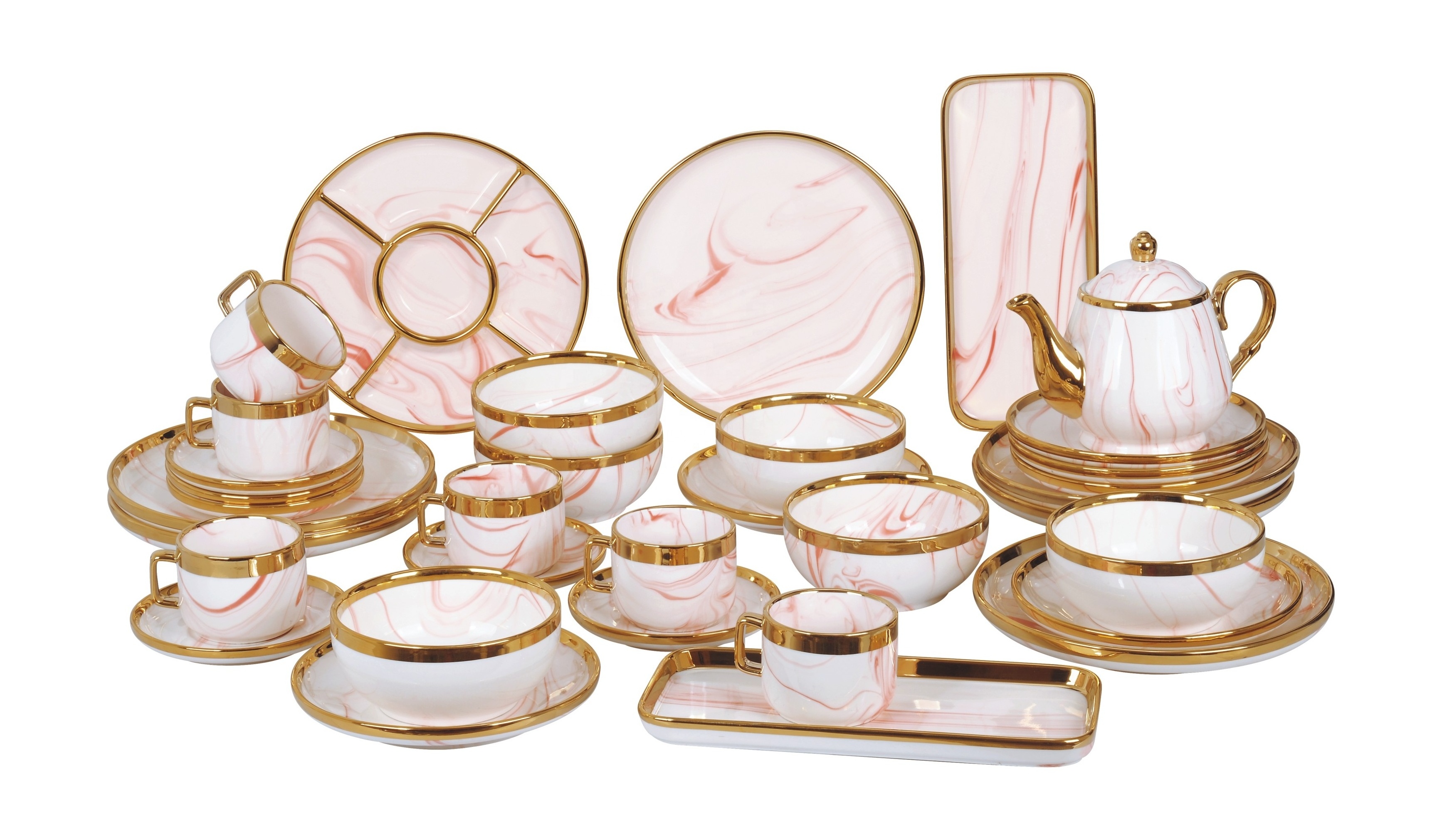 Factory Wholesale European Style Dinner Set High Quality Marble Tableware Set Exquisite Marble Gold Rimmed Dinnerware Set