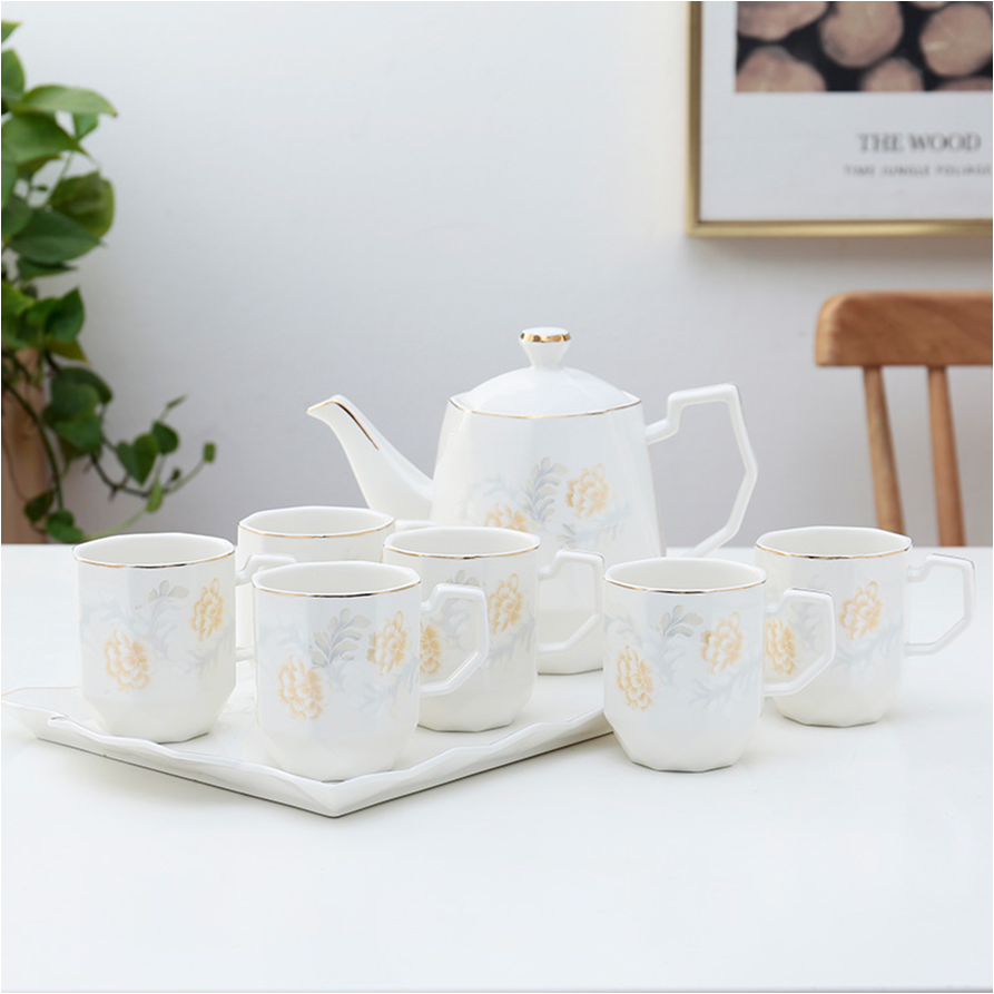 8pcs European Vintage Ceramic Tea Pots & Kettles Porcelain Tea Set With Tea Pot Gold Rim Coffee & Tea Sets