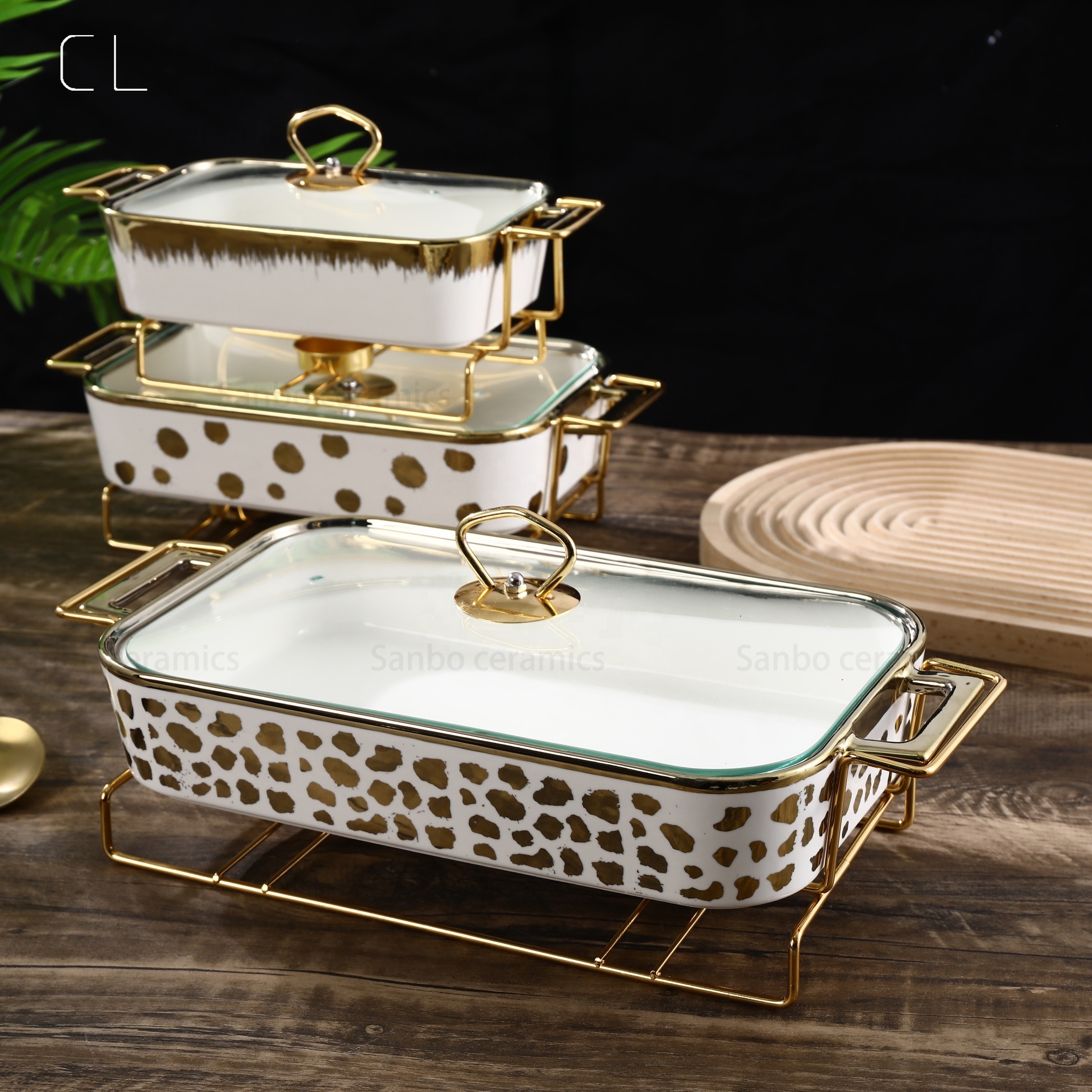 Luxury Style Baking Tray 10/12/14 Inch Rectangular Overgild Bakeware Sets Food Heating Ceramic Baking Pan With Glass Lid