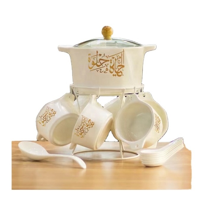 16PCS Luxury Soup Pot Ceramic Porcelain Soup Tureen Ceramic Soup Pot And Bowl Set With Iron Stand