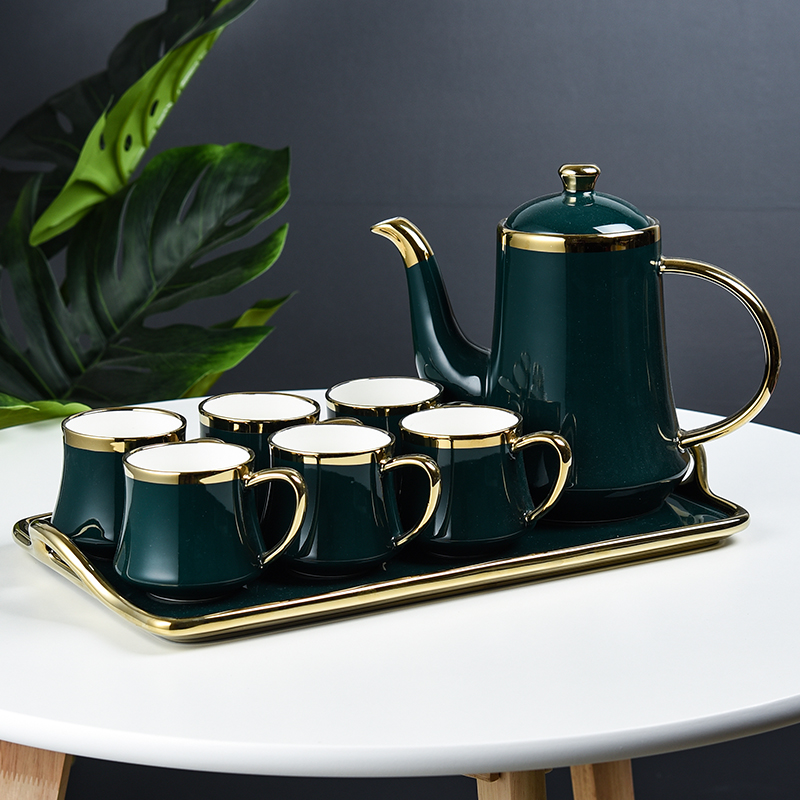 Nordic Design Gold Rim Ceramic Coffee Tea Set Porcelain Afternoon Tea Pot Set With Tray Luxury Tea Set With Water Pot