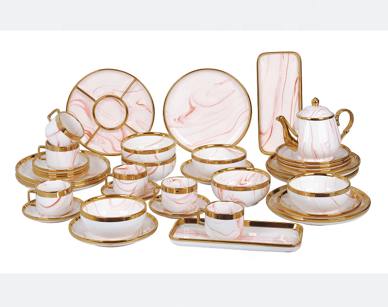 Factory Wholesale European Style Dinner Set High Quality Marble Tableware Set Exquisite Marble Gold Rimmed Dinnerware Set