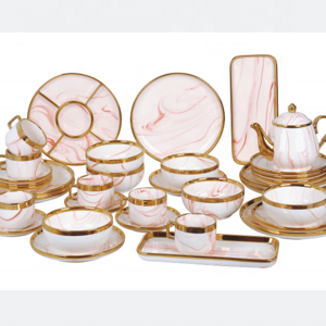 Factory Wholesale European Style Dinner Set High Quality Marble Tableware Set Exquisite Marble Gold Rimmed Dinnerware Set