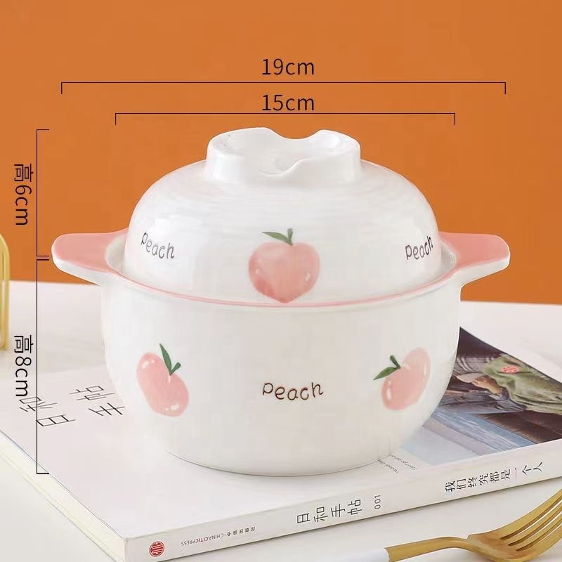 Hot Selling Cartoon Style Ceramic Soup Pot Instant Noodle Soup Bowl With Handles Cute Soup Bowl With Ceramic Lid For Chopsticks