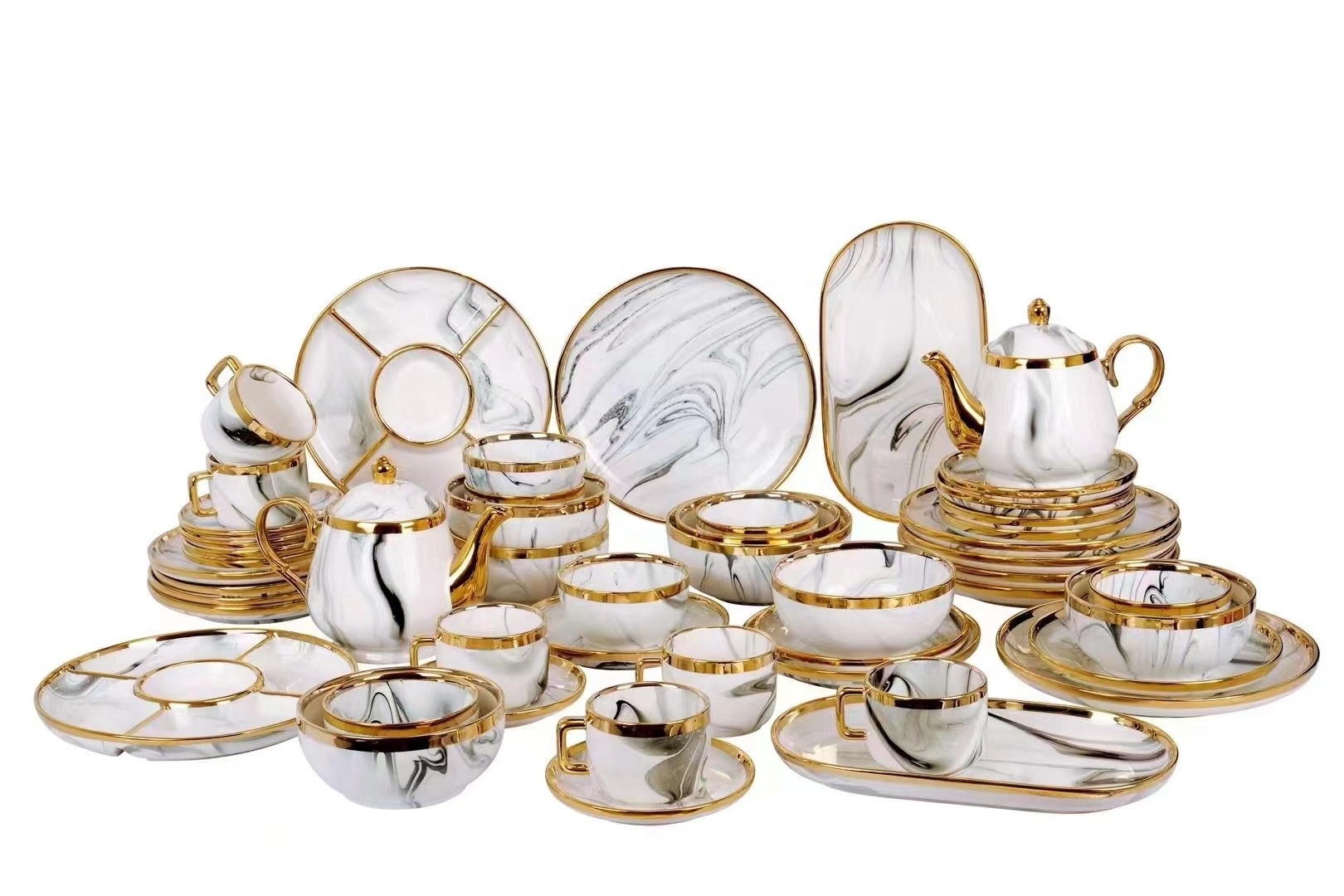 Factory Wholesale European Style Dinner Set High Quality Marble Tableware Set Exquisite Marble Gold Rimmed Dinnerware Set