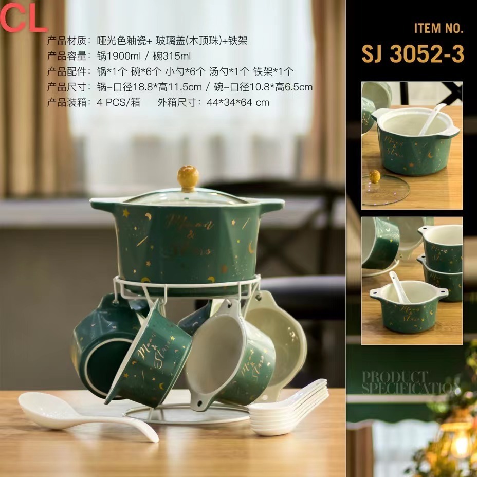 16PCS Luxury Soup Pot Ceramic Porcelain Soup Tureen Ceramic Soup Pot And Bowl Set With Iron Stand