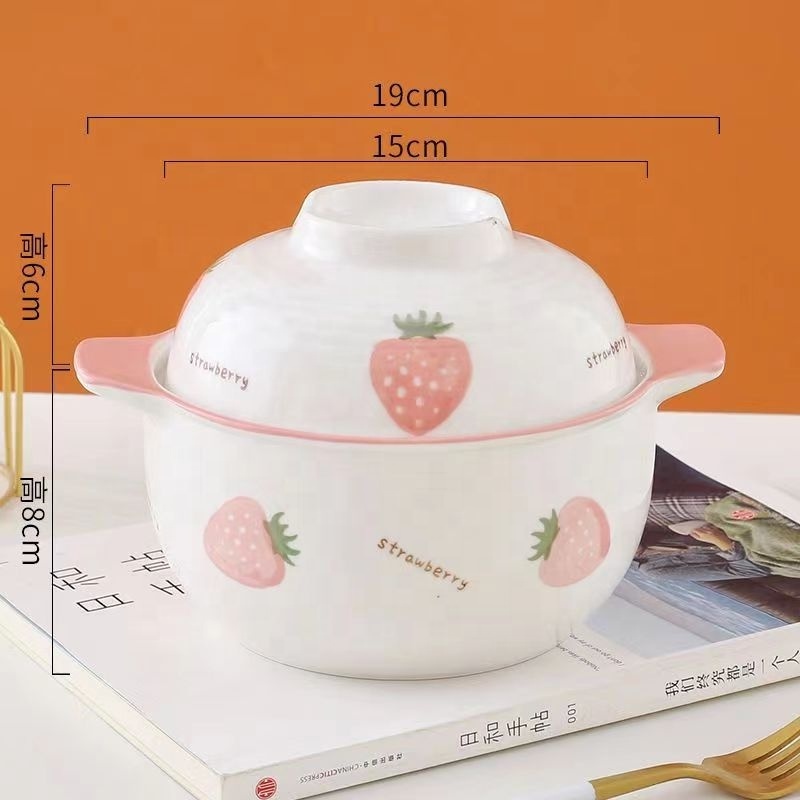 Hot Selling Cartoon Style Ceramic Soup Pot Instant Noodle Soup Bowl With Handles Cute Soup Bowl With Ceramic Lid For Chopsticks