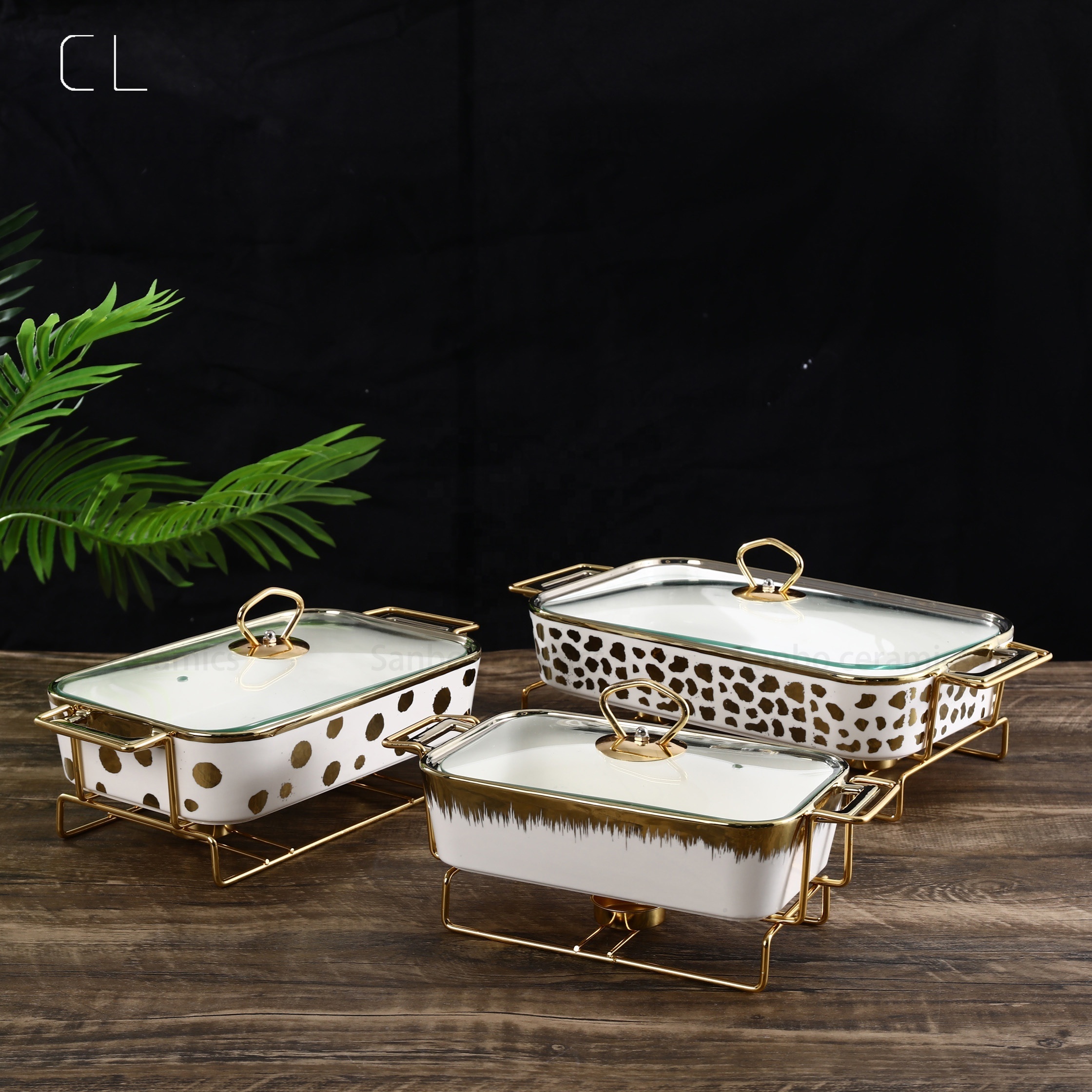 Luxury Style Baking Tray 10/12/14 Inch Rectangular Overgild Bakeware Sets Food Heating Ceramic Baking Pan With Glass Lid