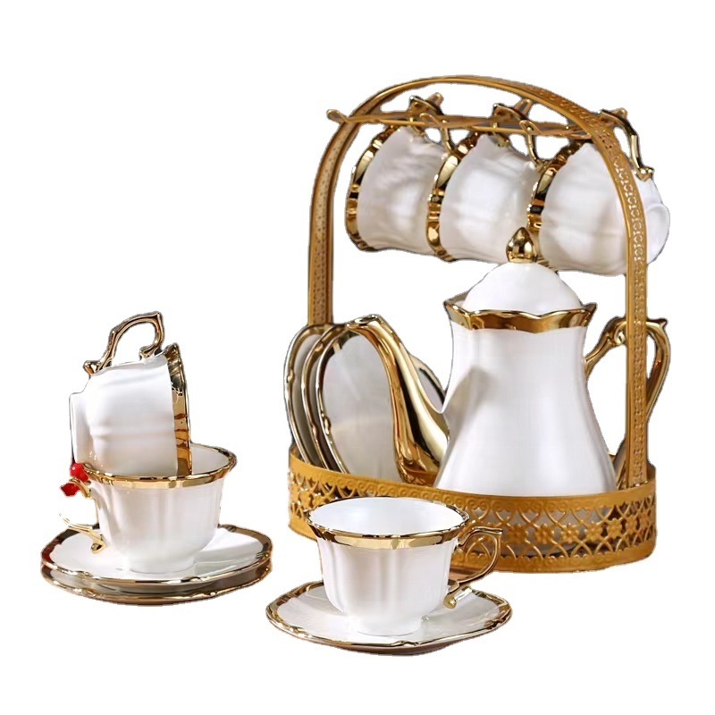 Factory Wholesale Simple White Tea Set  Fine Ceramic Tea Pot Set Luxury Ceramic Tea Set With Metal Holder