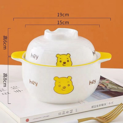 Hot Selling Cartoon Style Ceramic Soup Pot Instant Noodle Soup Bowl With Handles Cute Soup Bowl With Ceramic Lid For Chopsticks