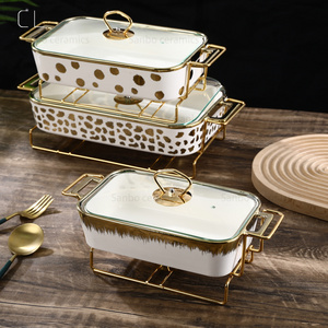 Luxury Style Baking Tray 10/12/14 Inch Rectangular Overgild Bakeware Sets Food Heating Ceramic Baking Pan With Glass Lid