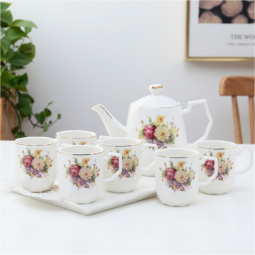 8pcs European Vintage Ceramic Tea Pots & Kettles Porcelain Tea Set With Tea Pot Gold Rim Coffee & Tea Sets