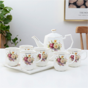 8pcs European Vintage Ceramic Tea Pots & Kettles Porcelain Tea Set With Tea Pot Gold Rim Coffee & Tea Sets