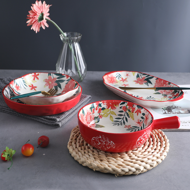 Red Flower Pattern Ceramic Plates Sets Dinnerware Dinner Set Dinnerwares Ceramic Crockery