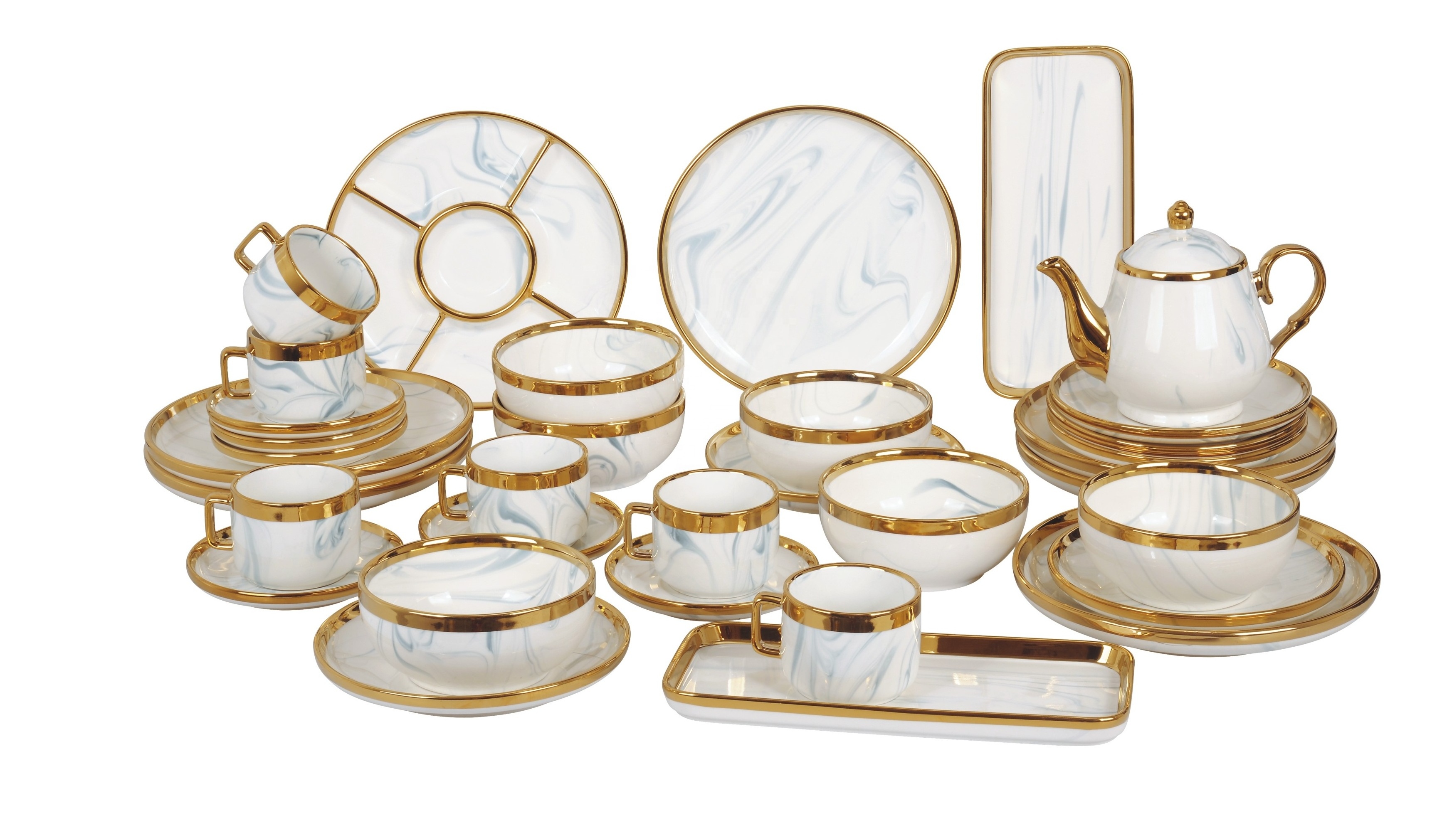 Factory Wholesale European Style Dinner Set High Quality Marble Tableware Set Exquisite Marble Gold Rimmed Dinnerware Set