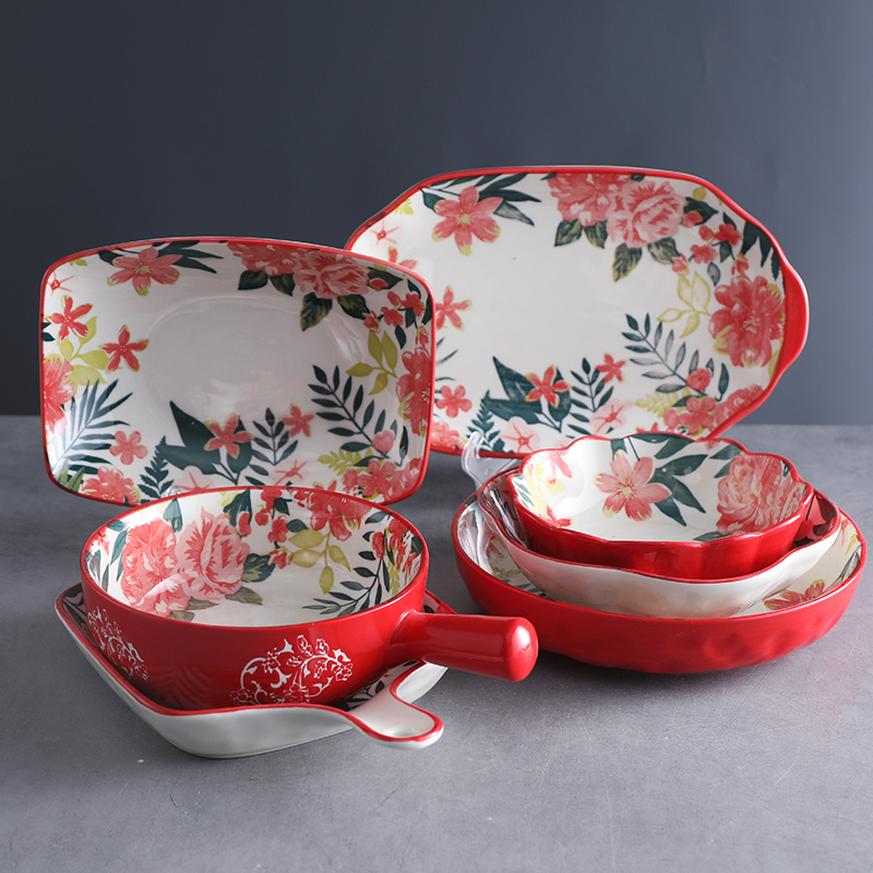 Red Flower Pattern Ceramic Plates Sets Dinnerware Dinner Set Dinnerwares Ceramic Crockery