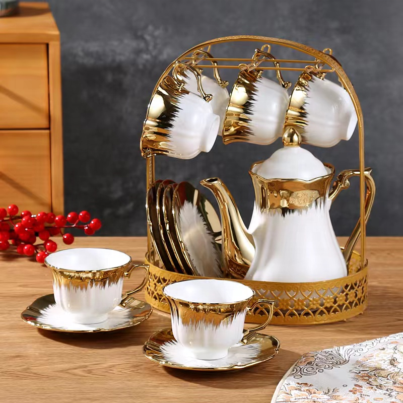 Factory Wholesale Simple White Tea Set  Fine Ceramic Tea Pot Set Luxury Ceramic Tea Set With Metal Holder