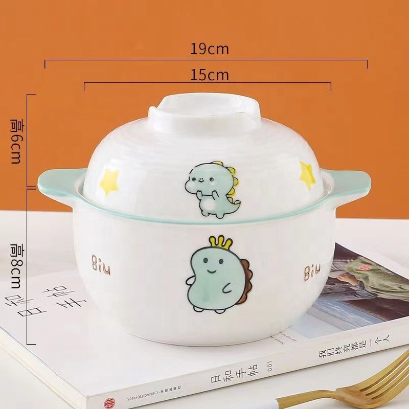 Hot Selling Cartoon Style Ceramic Soup Pot Instant Noodle Soup Bowl With Handles Cute Soup Bowl With Ceramic Lid For Chopsticks