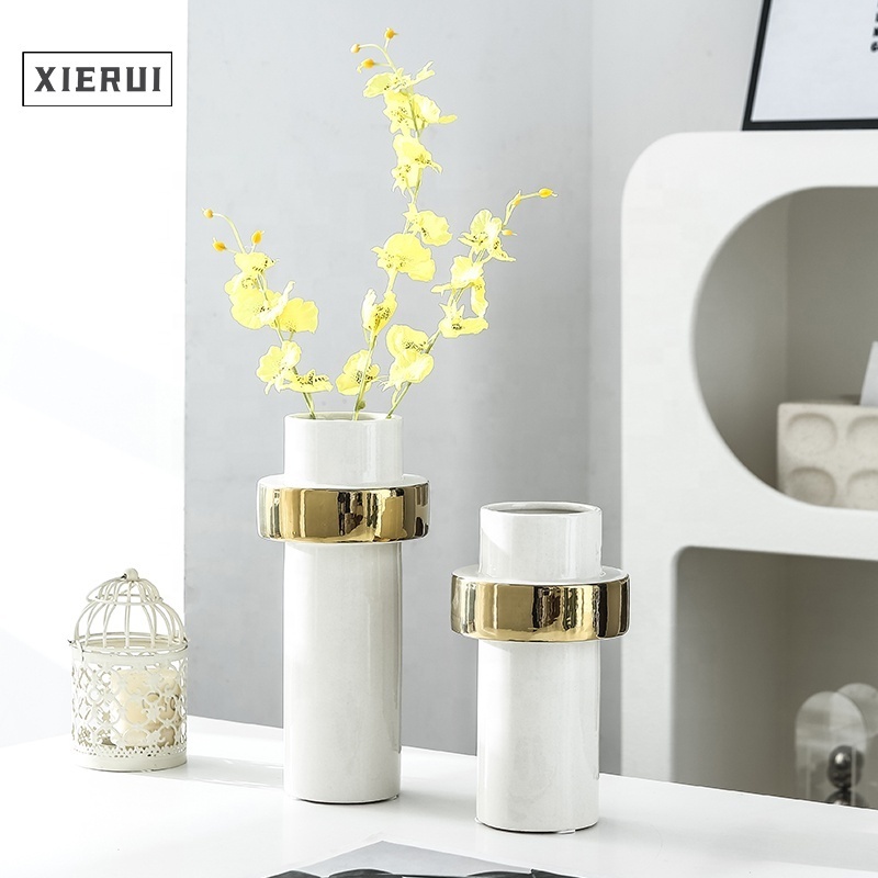 Modern Retro Cylindrical Plating Flower Vase Nordic Interior Office Decoration Ceramic Vase for Home Decor