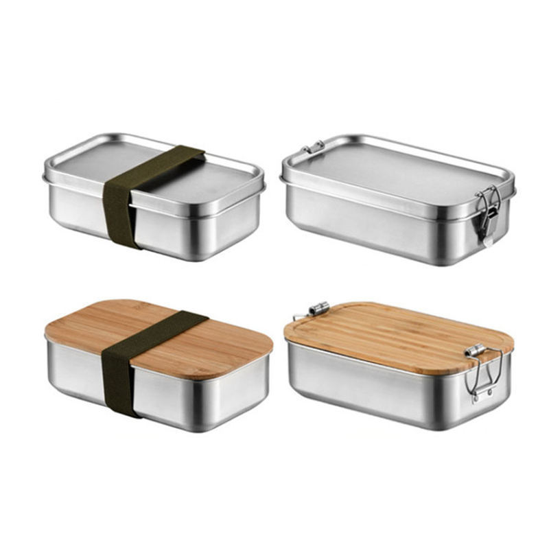 Hot Eco Friendly 18/8 Stainless Steel Bamboo Lid Bento Lunch Box with 2 Buckles 304 Lunch Box Steel with Bamboo Lid