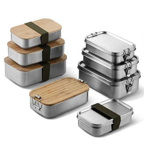 Hot Eco Friendly 18/8 Stainless Steel Bamboo Lid Bento Lunch Box with 2 Buckles 304 Lunch Box Steel with Bamboo Lid