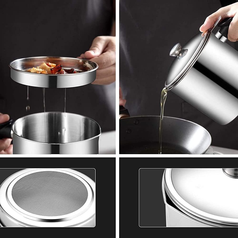 Home Cooking Metal Oil Strainer Pot Stainless Steel Oil Filter Pot With Plastic Handle Oil Pot