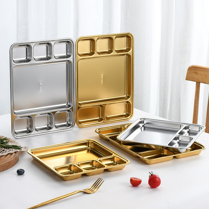 New Stainless Steel 304 Plate Canteen Use Serving Tray Dish Plate for Food Silver Golden Color Divider Square Dinnerware