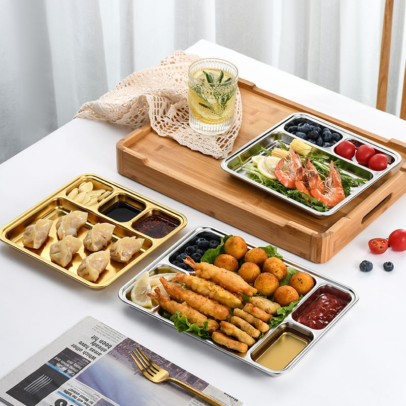 New Stainless Steel 304 Plate Canteen Use Serving Tray Dish Plate for Food Silver Golden Color Divider Square Dinnerware