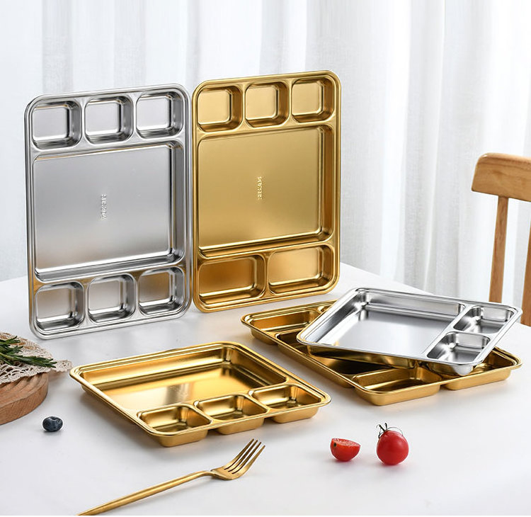 New Stainless Steel 304 Plate Canteen Use Serving Tray Dish Plate for Food Silver Golden Color Divider Square Dinnerware