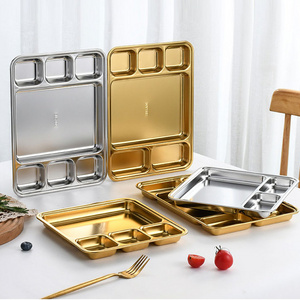 New Stainless Steel 304 Plate Canteen Use Serving Tray Dish Plate for Food Silver Golden Color Divider Square Dinnerware